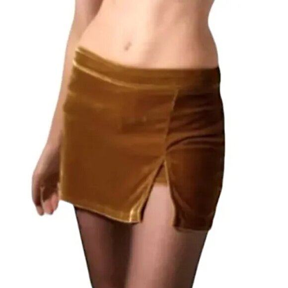 Micro Mini Skirt Skort Velvet Y2K Schoolgirl Grunge Retro Velvet Caramel 90s XS - Picture 1 of 14